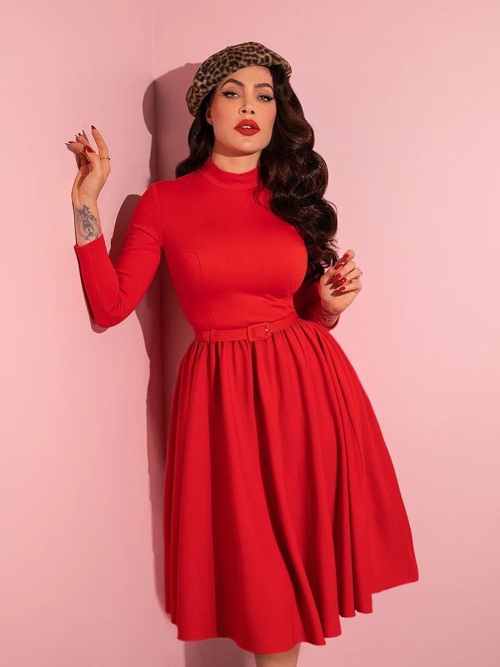 Vixen by Micheline Pitt Red Fit-and-Flare Dress with Belt M